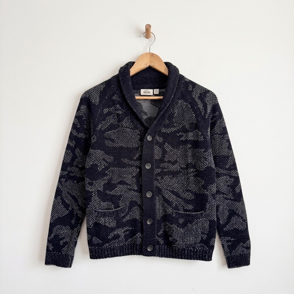 Hedge Men's Size XL Blue Abstract Camouflage Knit‎ Shawl Neck Cardigan Sweater